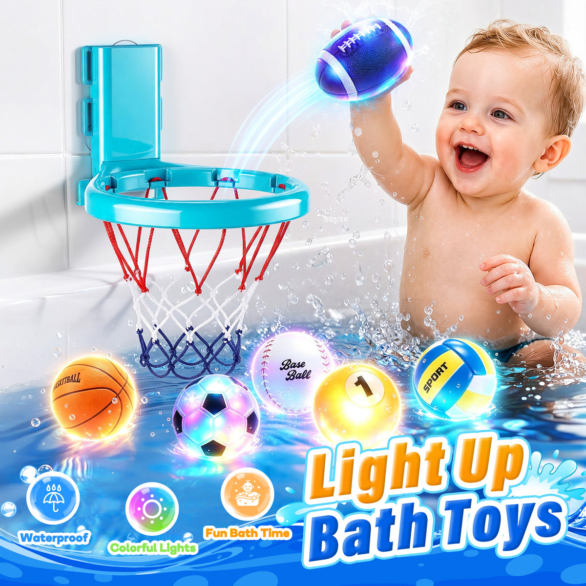 Light Up Bath Toys, Bath Toys for Toddlers, Bathtub Toy Basketball Set