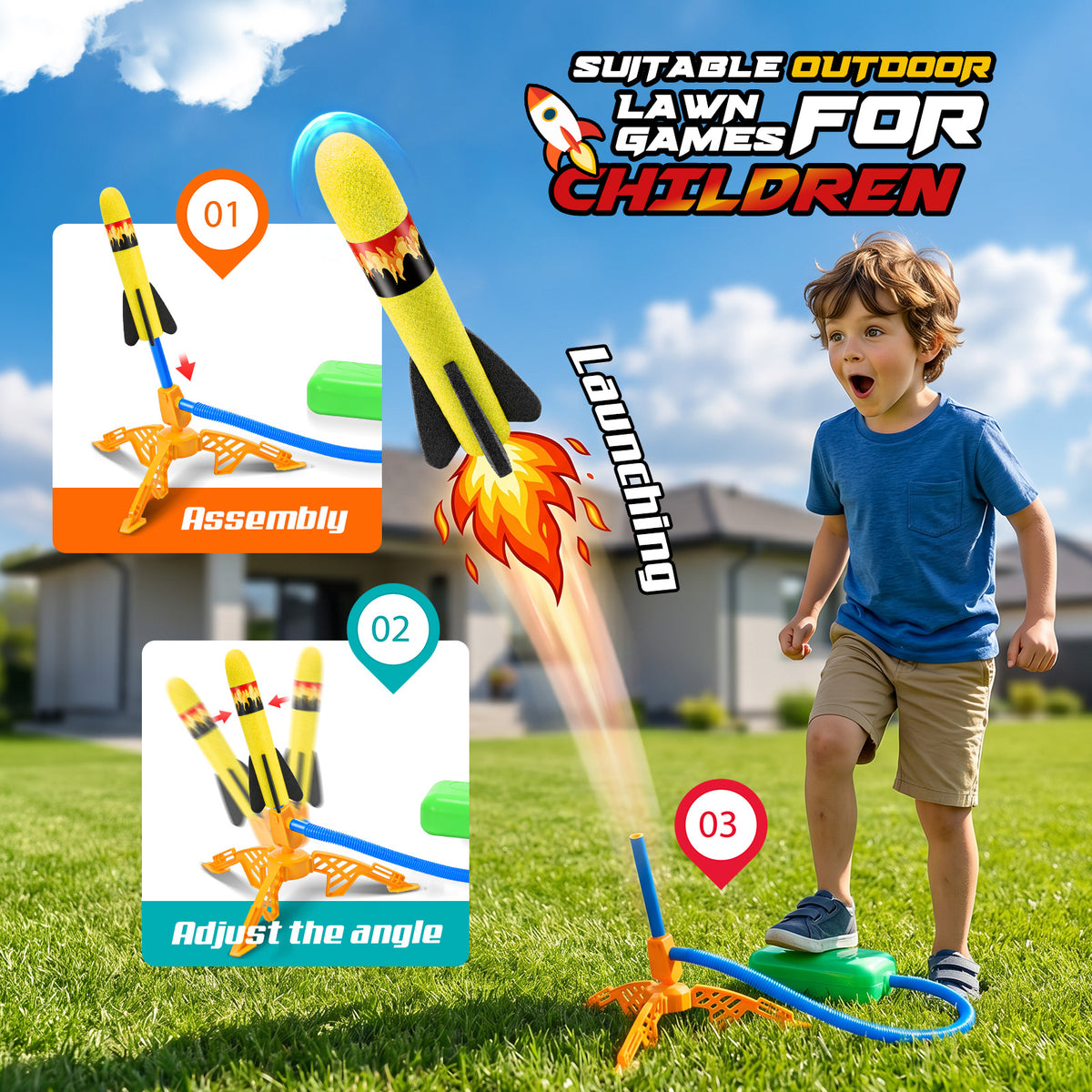 Rocket Launcher for Kids, Launcher with 8 Rockets, Outdoor Toys for Kids 3 4 5 6 7 Year Old Boys,