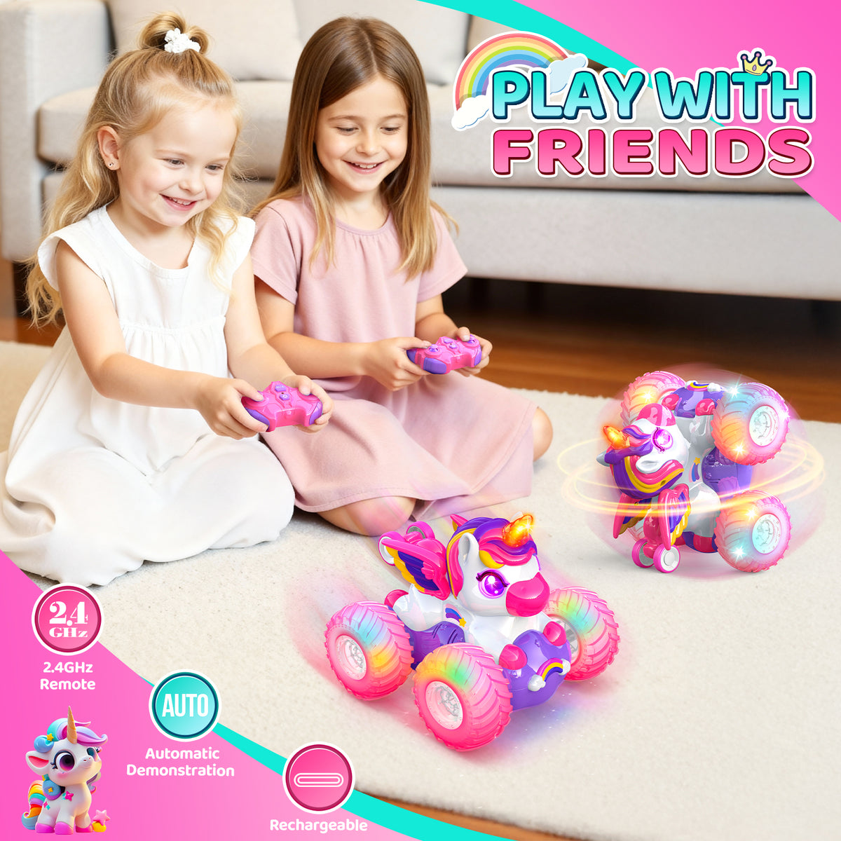 Remote Control Car for Girls, Unicorn Toys Gift for 3 4 5 6 7 Year Old Girls, Stunt Car Toy for Girls
