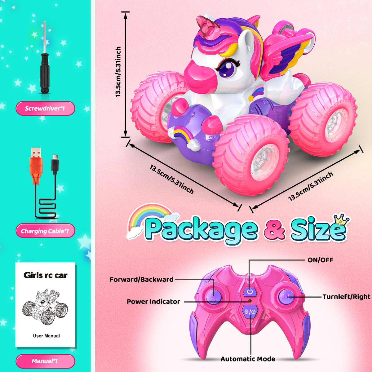 Remote Control Car for Girls, Unicorn Toys Gift for 3 4 5 6 7 Year Old Girls, Stunt Car Toy for Girls
