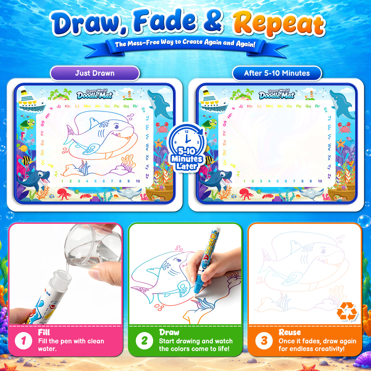 Doodle Drawing Mat, Learning Toys for Girls Toddlers Age 3-7, Magic Writing Mat Toddler Toys Ages 3 4 5